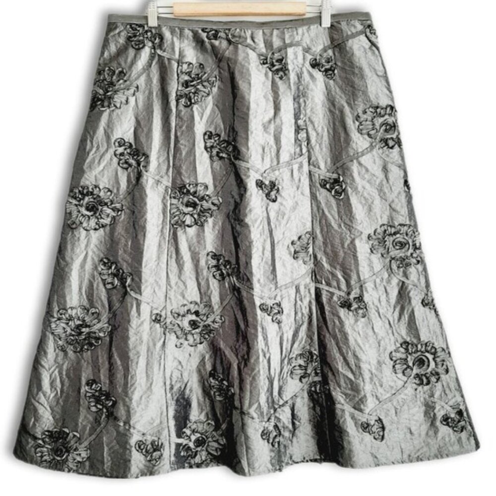 ADDITION ELLE / Ribbon Floral Applique Midi Length Skirt Satin Gray Sz 16